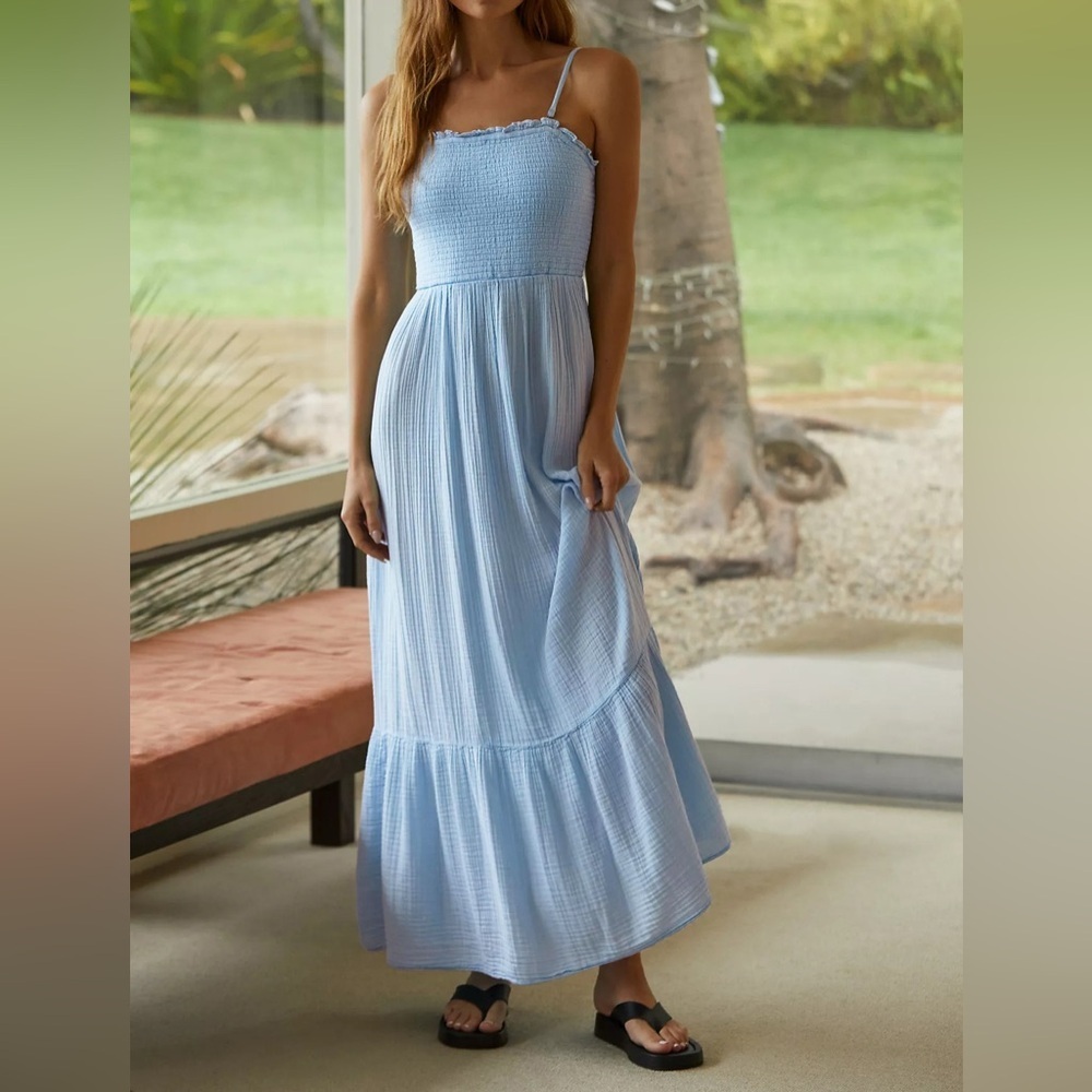 Anthropologie The Marisol Smocked Gauze Maxi Dress Celandine strapless muslin